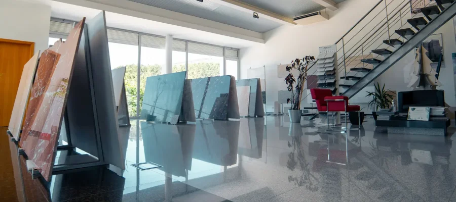 Aplicação da Pedra Natural na Construção Civil | Imagem de capa de showroom com chapas de diferentes tipos de pedra e acabamentos